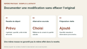 Trois colonnes pour suivre une substitution : ingrédient prévu, alternative sourcée choisie et quantité réellement ajoutée.