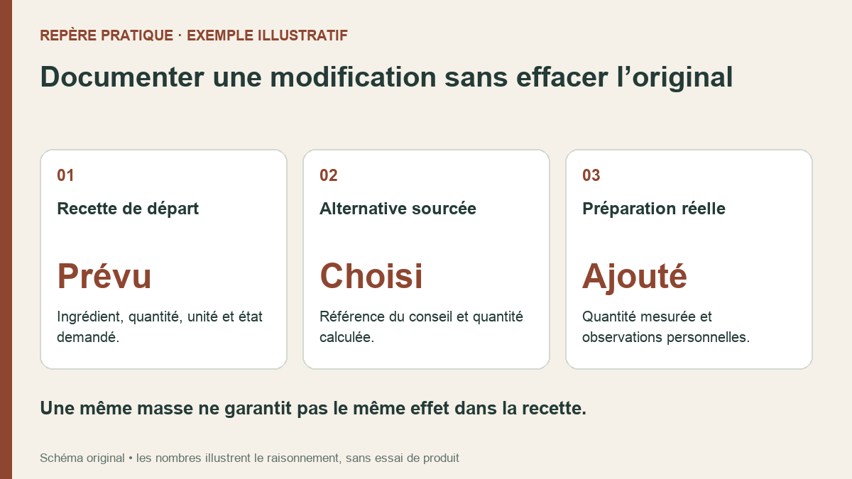 Trois colonnes pour suivre une substitution : ingrédient prévu, alternative sourcée choisie et quantité réellement ajoutée.