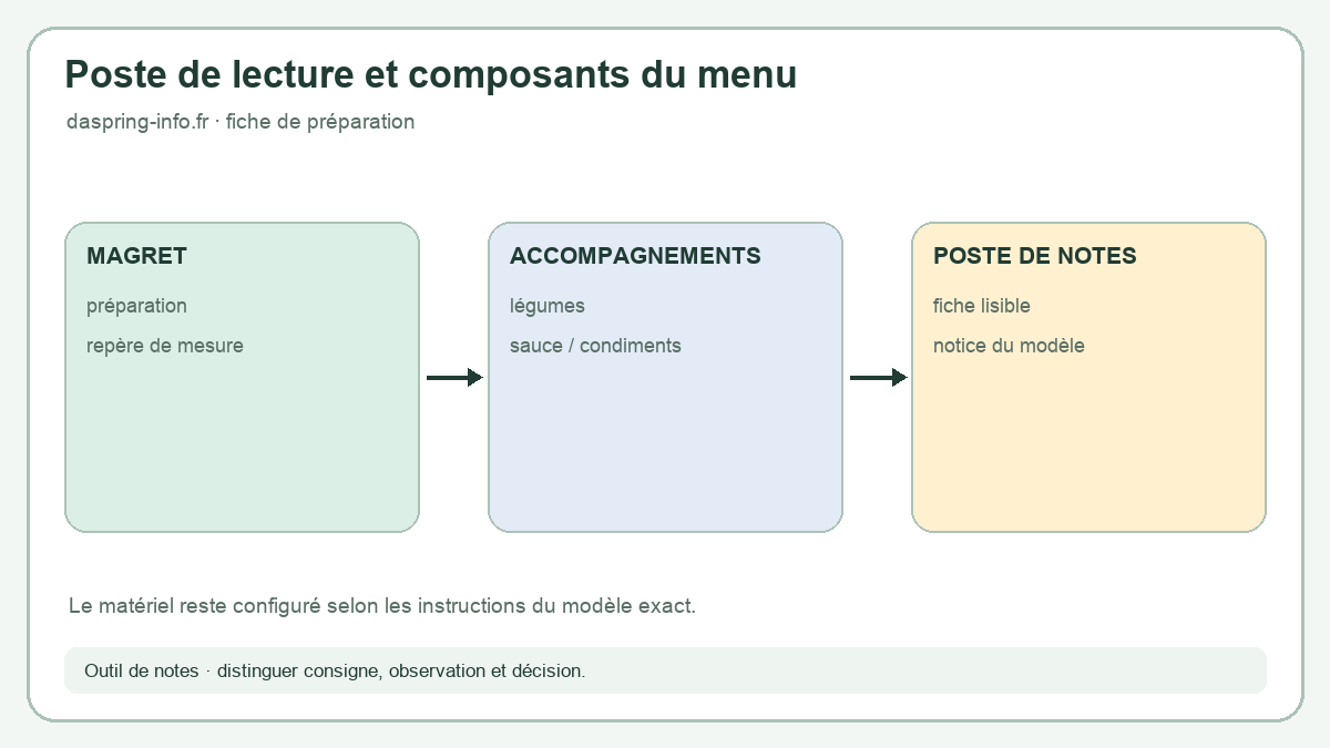 Plan de travail organisé en zones pour le magret, les accompagnements et la fiche de lecture, avec renvoi à la notice du modèle.