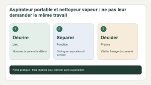 Schéma pratique : Décrire : Lieu — Nommer la zone et le débris ; Séparer : Fonction — Distinguer aspiration et surface ; Décider : Preuve — Vérifier l’usage documenté.