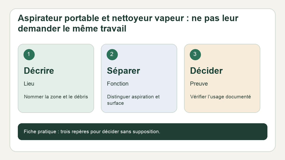 Schéma pratique : Décrire : Lieu — Nommer la zone et le débris ; Séparer : Fonction — Distinguer aspiration et surface ; Décider : Preuve — Vérifier l’usage documenté.